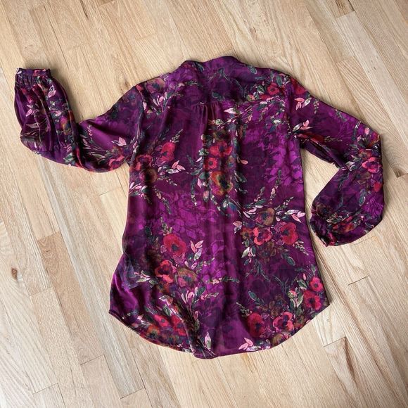KUT from the Kloth Women Top Size M  Purple Floral‎ Sheer High Low Blouse BOHO - Picture 6 of 6